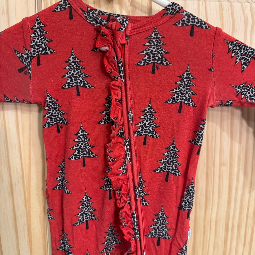 Posh Peanut Red Leopard Christmas‎ Tree Bamboo Ruffle Footie Sleeper 3-6 Months